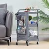 KINGRACK 3-Tier Storage Rolling Cart, Metal Push Cart with DIY Pegboard, Trolley Organizer with Utility Handle and Extra Baskets Hooks for Kitchen, Office, Home, Grey