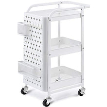  KINGRACK 3-Tier Storage Rolling Cart, Metal Utility Cart with Removable Pegboard, Trolley Organizer with Utility Handle and Extra Baskets Hooks for Kitchen Office Home, White