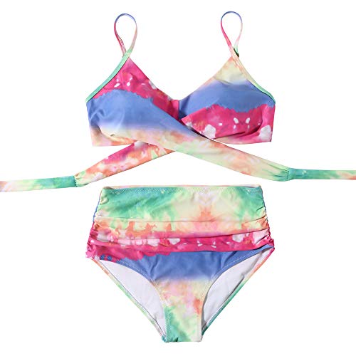 RUUHEE Women Criss Cross High Waisted String Floral Printed 2 Piece Bathing Suits (M(US Size 6-8), Tie Dye)