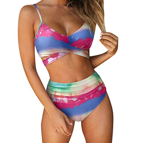RUUHEE Women Criss Cross High Waisted String Floral Printed 2 Piece Bathing Suits (M(US Size 6-8), Tie Dye)