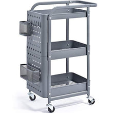  KINGRACK 3-Tier Storage Rolling Cart, Metal Push Cart with DIY Pegboard, Trolley Organizer with Utility Handle and Extra Baskets Hooks for Kitchen, Office, Home, Grey
