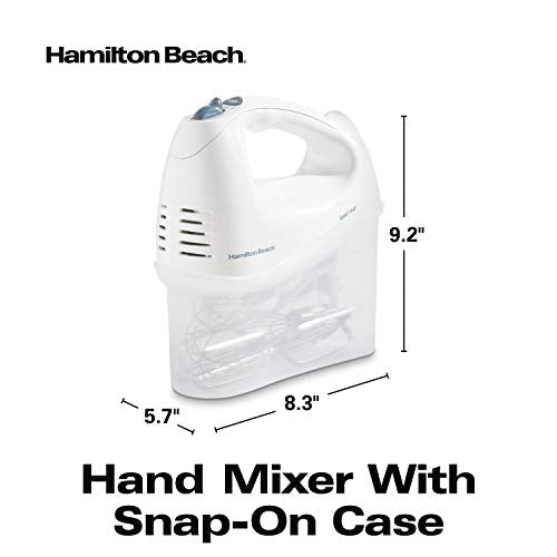 Hamilton Beach 6-Speed Electric Hand Mixer with Snap-On Storage Case, Wire Beaters, Whisk and Bowl Rest, 250W, White (62682RZ)