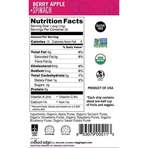Wildmade Veggie Go's Fruit and Veggie Strips (Berry, Apple + Spinach) Organic Fruit Leather with No Added Sugar for Kids and Adults - Gluten-Free, Non-GMO, Vegan - 20 Pack