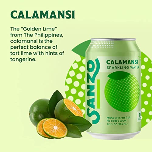 Sanzo Flavored Sparkling Water Variety Pack - 12-Pack - Calamansi (Lime), Lychee (Berry) & Mango (Alphonso) - Carbonated Drink Made with Real Fruit & Sugar-Free - Gluten-Free & Vegan - 12 Fl Oz Cans