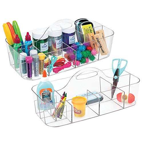 mDesign Plastic Portable Craft Storage Organizer Caddy Tote, Divided Basket Bin for Craft, Sewing, Art Supplies - Holds Paint Brushes, Colored Pencils, Stickers, Glue - Extra Large, 2 Pack - Clear