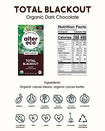 Alter Eco | Dark Chocolate Bar | 100% Pure Dark Cocoa, Fair Trade, Organic, Non-GMO, Gluten Free
