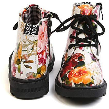 Dadawen waterproof side zipper lace up ankle boots for toddlers, littles kids, and big kids in white with flowers US size 9.5 M toddler shoe front and back Danielle Walker