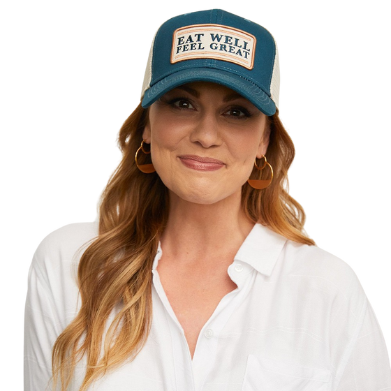 Eat well feel great dark teal and mesh hat front Danielle Walker
