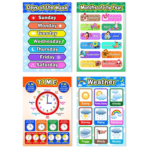Educational preschool 12 piece poster set for toddlers and kids with glue point dots teach days, months, time, and weather Danielle Walker